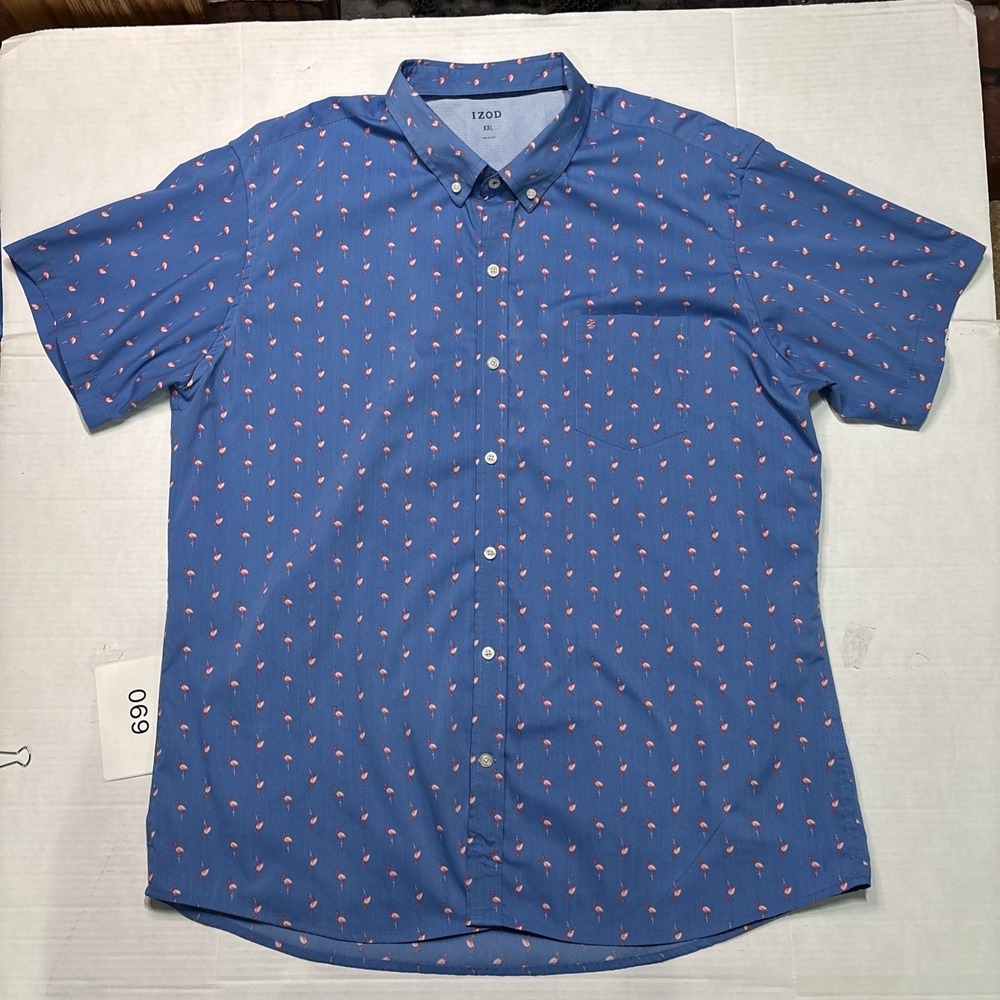 IZOD Flamingo Button Up Shirt Mens XXL Blue Short Sleeve Tropical Print Casual